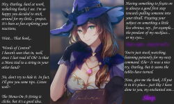  acami breasts brown_hair caption caption_only cleavage clothed female_only femdom genshin_impact green_eyes jimmijam(manipper) lisa_minci looking_at_viewer manip pov pov_sub text trigger witch witch_hat 