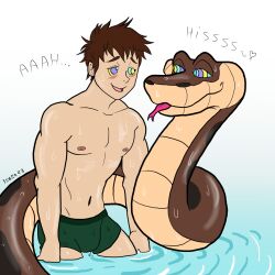  blush brown_hair coils dazed disney feger23 happy_trance hypnotic_eyes kaa kaa_eyes male_only maledom malesub nipples seductive_smile slouching smile smirk snake swimsuit text the_jungle_book tongue tongue_out topless water wet 