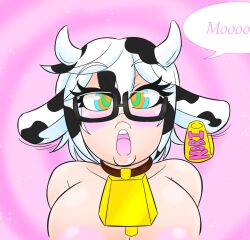  bottomless breasts cow_girl cowbell femsub glasses horns kaa_eyes kobi94 large_breasts nude open_mouth original short_hair spiral_eyes symbol_in_eyes text topless white_hair 