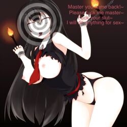  akame akame_ga_kill! black_hair breasts cleavage empty_eyes eye_roll femsub huge_breasts hypnofav1228_(manipper) large_breasts long_hair maledom manip netorare nightmare_fuel open_mouth spiral text topless 