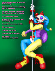 absurdres caption clothed_exposure clown dancer dog_boy erection furry immelmann male_only malesub penis pole_dancing ring_eyes simple_background solo suddenlytsumi_(colorist) text