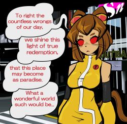  animal_ears bracers brown_hair cat_ears cat_girl cat_tail clothed emblem fangs female_only femsub furry gameoverse hypnotic_accessory kit_bodega_(gameoverse) mantra mime-control outdoors red_sclera short_hair solo standing tail text the_world_ends_with_you 