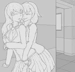  breasts clothed drool empty_eyes evil_smile female_only femdom femsub fingering greyscale groping large_breasts lineart long_hair multiple_girls pussy_juice school_uniform short_hair skirt smile thekinkyfinn tongue tongue_out 
