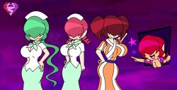  alternate_hairstyle arms_above_head breasts cleavage clothed crossover dress earrings female_only femdom femsub green_hair hair_covering_both_eyes hand_on_hip happy_trance hypnoscream king_of_fighters large_breasts long_hair multiple_girls posing red_hair ritsuko_kunihiro shermie_(kof) shiki short_hair smile twinning yoshie_kurahashi yuki_shiomi 