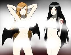 bat_wings black_hair bottomless breasts brown_hair castlevania censor_steam censored charlotte_aulin female_only femdom femsub gradient_background navel nude red_eyes sendy1992 shanoa smile standing tattoo tongue tongue_out topless very_long_hair