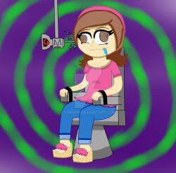 bondage brain_injection brown_eyes brown_hair drool female_only femsub happy_trance injection needle sandals shyker simple_background sitting smile solo soropin spiral spiral_eyes symbol_in_eyes tech_control unfocused_eyes wall_eyed watermark