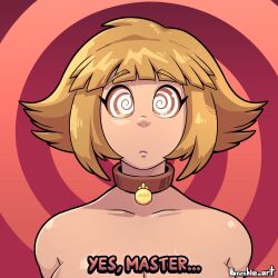  bare_shoulders blonde_hair brushie_art collar collarbone english_text expressionless female_only femsub original short_hair signature solo spiral_background spiralwash_eyes text topless 