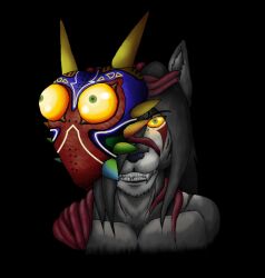  androgynous androgynous_dom black_hair brain_injection corruption fangs furry glowing_eyes hypnotic_accessory hypnotic_tentacle long_hair majora majora&#039;s_mask malesub mask nintendo original parasite possession smile tentacles the_legend_of_zelda wolfgerlion64 