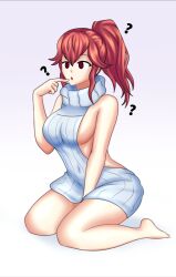  anna_(fire_emblem) breasts confused expressionless female_only femsub fire_emblem hayato_stuff kneeling large_breasts manip nintendo open_mouth ponytail red_hair sarahypno_(manipper) sideboob simple_background sweater text virgin_killer_sweater 