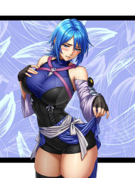 androgynous_dom aqua_(kingdom_hearts) bare_shoulders blue_eyes blue_hair blush breasts clothed disney embarrassed femsub fingerless_gloves gloves kingdom_hearts large_breasts short_hair square_enix thick_thighs thighs umbra_callistis your_character_here