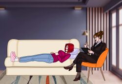  animated brown_hair couch dr_hart_(mspainter) english_text female_only femdom femsub high_heels humor jeans karen_(mspainter) large_breasts mspainter nude original pendulum red_hair shirt short_hair sneakers speech_bubble suit therapist video yuri 