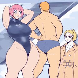  animated animated_gif armpits arms_above_head ass bare_legs blonde_hair blue_eyes blush cdlum clothed coat damson_(cdlum) drool earrings femsub hand_on_head hand_on_hip happy_trance large_breasts long_hair malesub multiple_subs one-piece_swimsuit original pear_(cdlum) pink_hair ponytail posing short_hair smile speedo spiral standing surprised swimsuit undressing 