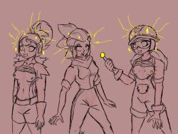  brawl_stars denzeldukito electricity exposed_chest female_only femsub glowing_eyes hypnotic_light jacky_(brawl_stars) janet_(brawl_stars) large_breasts midriff multiple_girls multiple_subs open_clothes shelly_(brawl_stars) shirt_lift smile standing undressing 