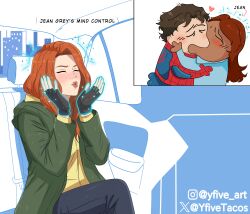  absurdres aura closed_eyes clothed control_indicator crossed_legs dark_skin femdom femsub gloves heart heterosexual jean_grey kissing marvel_comics mary_jane_watson meme orange_hair pants peter_parker possession psychic shirt spider-man spider-man:_brand_new_day spider-man_(series) super_hero symbol x-men yfivetacos 