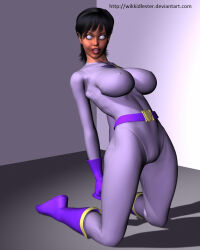 3d belt black_hair breasts erect_nipples female_only femsub gloves huge_breasts jayna kneeling looking_at_viewer open_mouth short_hair tight_clothing whitewash_eyes wikkidlester wonder_twins