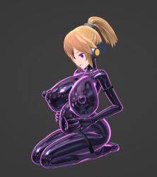  3d agent_mirai arm_bands bangs bodysuit brown_hair empty_eyes erect_nipples erect_nipples_under_clothes female_only femsub garter grey_background headphones high_heels huge_breasts kneeling mirai_(agent_mirai) original ponytail pregnant purple_eyes rubber simple_background slime solo umaaji_lady_mk2 