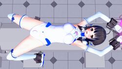  3d ahoge arms_above_head black_eyes black_hair blush breasts chains chihaya_(koimin4) cuffs female_only femsub gloves jewelry koikatsu! koimin4 looking_at_viewer magical_girl on_back open_mouth opera_gloves original restrained shoes solo spread_legs thighhighs twintails 