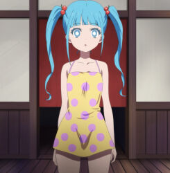 blue_hair breasts dress expressionless mahou_shoujo_site nijimi_anazawa small_breasts standing standing_at_attention symbol_in_eyes twintails