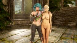 3d absurdres barefoot black_hair blonde_hair bottomless bracelet breasts elena_fisher feet female_only femdom femsub glasses glowing glowing_eyes green_hair happy_trance jewelry magic midriff mole multicolored_hair multiple_girls navel nipples nude pussy smile soul_calibur_(series) standing tira topless torn_clothes uncharted wrist_watch