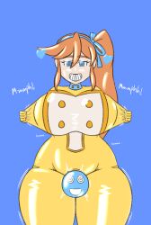 ace_attorney ass athena_cykes blue_eyes bodysuit breasts bulge female_only femsub hair_ornament happy_trance heart huge_breasts latex meat_corp null_bulge orange_hair ponytail rubber smile spiral_eyes standing uniform usakiki