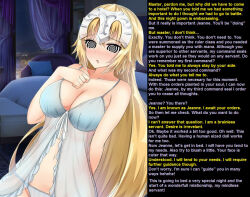  babydoll blonde_hair blush bra breasts caption dress fate/apocrypha fate/grand_order fate_(series) femsub jeanne_d&#039;arc_(fate) large_breasts lingerie long_hair maledom manip misterman4_(manipper) panties see-through spiral_eyes symbol_in_eyes text underwear 