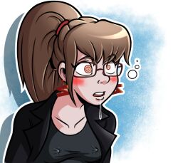  arcana_(secretname54) bangs blush brown_eyes brown_hair collarbone dazed drool earrings erect_nipples erect_nipples_under_clothes expressionless female_only femsub glasses jacket keeper_of_pots leaning_forward long_hair open_mouth original ponytail ring_eyes shirt simple_background slouching 