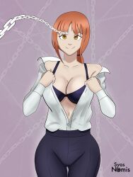  absurdres bangs bra breasts chains chainsaw_man cleavage collarbone crossed_eyes female_only femsub makima_(chainsaw_man) mental_chains orange_hair pants ponytail ring_eyes signature simple_background smile solo standing suit syas-nomis undressing yellow_eyes 