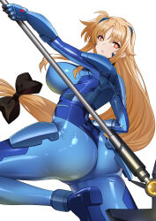  ass blonde_hair bodysuit breasts corruption enemy_conversion erect_nipples_under_clothes expressionless fate_testarossa femsub huge_ass kogarasu1st large_breasts long_hair looking_at_viewer magical_girl_lyrical_nanoha numbers_(nanoha) tight_clothing transformation very_long_hair yellow_eyes 