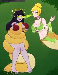 bikini bikini_top black_hair blonde_hair bracelet breast_grab cleavage clover_(zengo888) coils cummingsoonent dazed feet female_only femdom femsub hypnotic_smoke jungle long_hair navel necklace open_mouth original restrained ring_eyes signature single_hair_bun smile snake_girl vampire vasha_dragos