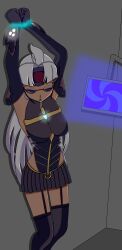  absurdres armpits arms_above_head blue_eyes clothed dazed drool empty_eyes esbypno female_only femsub glasses glowing hypnotic_screen long_hair nintendo open_mouth restrained solo t-elos tan_skin tech_control white_hair xenoblade_chronicles xenoblade_chronicles_2 xenosaga 