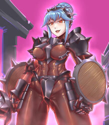 alternate_costume armor aura blue_hair blush bodysuit breasts corruption evil_smile female_only femsub gauntlets glowing happy_trance leebigtree red_eyes shield smile sword tight_clothing unicorn_overlord virginia_(unicorn_overlord) weapon