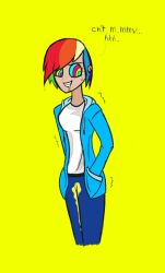 confused cyl4s drool happy_trance hypnotic_eyes kaa_eyes multicolored_eyes multicolored_hair my_little_pony personification rainbow_dash rainbow_eyes rainbow_hair shimi short_hair simple_background smile text urination wet_clothes