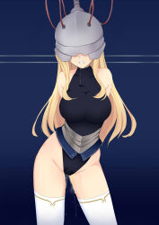  arms_behind_back bare_shoulders before_and_after blonde_hair blue_background cables cameltoe corruption dazed drool helmet large_breasts leotard long_hair pussy_juice resisting simple_background standing tech_control thighhighs urination wires 
