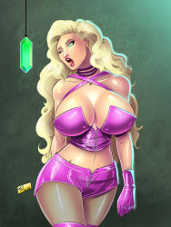 blonde_hair breasts cleavage corset crystal female_only femsub fishnets gloves large_breasts latex long_hair necklace open_mouth shono solo spiral_eyes symbol_in_eyes tongue tongue_out