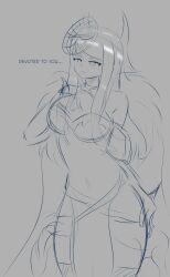  bare_shoulders breasts cleavage cloak drool empty_eyes english_text female_only femsub fire_emblem fire_emblem_engage fur_coat greyscale hand_on_hip ivy_(fire_emblem) long_hair monochrome navel nintendo simple_background sketch solo text transparenttexture wide_hips 
