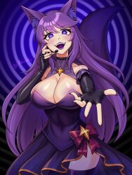 animal_ears bangs bare_shoulders breasts cleavage cleavage_cutout dress earpiece female_only femdom fingerless_gloves floofy_(bluesfloofy) fox_ears fox_girl fox_tail gloves huge_breasts hypnovember lipstick long_hair long_nails microphone nail_polish open_mouth opera_gloves original porniky pov pov_sub purple_hair purple_lipstick singing smile solo spiral spiral_background spiral_eyes story tail