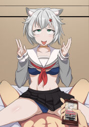 abs absurdres animal_ears ass bra cell_phone collarbone femsub green_eyes hyx_(artist) maledom open_mouth original phone pov pov_dom skirt tech_control text tongue tongue_out translation_request underwear upskirt v white_hair