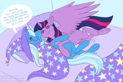 animals_only bed blue_hair cape femdom femsub happy_trance hat horns horse kattotang long_hair multicolored_hair my_little_pony pillow pink_hair purple_hair ring_eyes text the_great_and_powerful_trixie twilight_sparkle unicorn white_hair wings