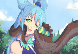 aqua_(konosuba) blue_hair bow_tie cheek_squish clothed disney eyebrows_visible_through_hair forest gojulas hypnovember kaa kaa_eyes kono_subarashii_sekai_ni_shukufuku_wo! outdoors the_jungle_book