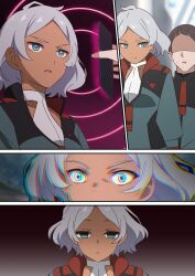 blue_eyes cell_phone comic dark_skin empty_eyes expressionless femsub gundam_the_witch_from_mercury instant_loss maledom school_uniform secelia_dote sequence short_hair tech_control ty white_hair