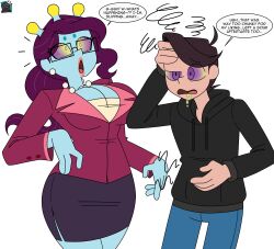  blue_skin breasts cleavage dezzy dezzy_(dez_a_sketch) dialogue english_text eye_color_change femsub hivemind maledom multicolored_eyes multiple_girls multiple_subs original parasite possession purple_eyes purple_sclera rick_and_morty simple_background speech_bubble tagme text turning_the_tables unity_(rick_and_morty) vomit white_background yellow_eyes yellow_sclera 