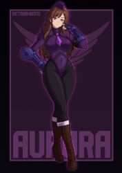  aurora_(cosmicaurora) boots brown_hair green_eyes heterochromia leotard original purple_eyes shadaloo_dolls street_fighter tie victoriamikoto 
