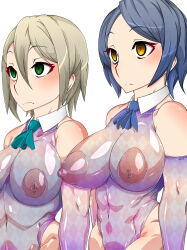 belu blue_hair bodysuit breasts empty_eyes erect_nipples expressionless femsub gantai_critical green_eyes huge_breasts large_breasts rubber see-through short_hair standing standing_at_attention white_background yellow_eyes