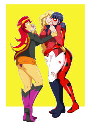 absurdres blonde_hair blue_hair boots breasts crossover dlobo777 equestria_girls expressionless halloween horseland kissing large_breasts lipstick_mark long_hair marinette_dupain-cheng miraculous_ladybug multicolored_hair multiple_girls my_little_pony open_mouth sarah_whitney skirt spiral_eyes sunset_shimmer symbol_in_eyes torn_clothes twintails upskirt western whitewash_eyes