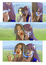  blue_hair blue_skin body_control brain_injection brown_hair comic female_only femdom femsub ghost heterochromia kimujo_world long_hair open_mouth original ponytail possession tongue tongue_out 