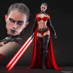3d absurdres bare_shoulders blue_lipstick breasts brown_hair choker cleavage corruption expressionless large_breasts lemon3d lightsaber lingerie lipstick red_eyes rey_(star_wars) short_hair standing star_wars thighhighs underwear weapon
