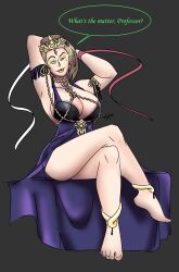 absurdres alternate_costume anklet arms_above_head barefoot breasts cleavage cosplay crossed_legs feet femdom femsub fire_emblem fire_emblem_three_houses glowing goddess green_eyes hair_ornament happy_trance jewelry large_breasts manuela_casagranda mole nintendo ongcs123 possession sitting sothis_(fire_emblem_three_houses) text