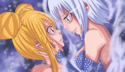 alternate_form aura bare_shoulders blonde_hair blue_eyes brown_eyes chrollo77 corruption fairy_tail female_only femsub glowing_eyes hair_buns hand_on_another&#039;s_cheek hypnotized_dom lisanna_strauss lucy_heartfilia monster_girl naga_girl scales short_hair sub_on_sub white_hair yuri