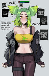  absurdres ahoge altered_common_sense bandage bare_shoulders belt breasts cleavage collarbone comic dialogue english_text fingerless_gloves gloves gradient_background green_hair gun hard_translated indifferent jeans large_breasts league_of_legends looking_at_viewer navel open_mouth orange_eyes pov pov_dom ratatatat74 short_hair simple_background speech_bubble spiral_eyes symbol_in_eyes text tomboy translated tube_top undressing undressing_command zaun_zeri 