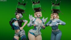  3d bare_legs belt black_hair blonde_hair bodysuit chicken_pose choker cleavage cleavage_cutout clothed crop_top eh emma_frost fantastic_four female_only femsub gloves gradient_background green_background green_eyes grey_hair jacket jimmy_neutron_(series) leotard long_hair luna_snow marvel_comics marvel_rivals midriff milf multicolored_hair multiple_girls multiple_subs opera_gloves short_hair short_shorts simple_background super_hero susan_storm thick_thighs thighhighs thighs unfocused_eyes wide_hips x-men yolkian 